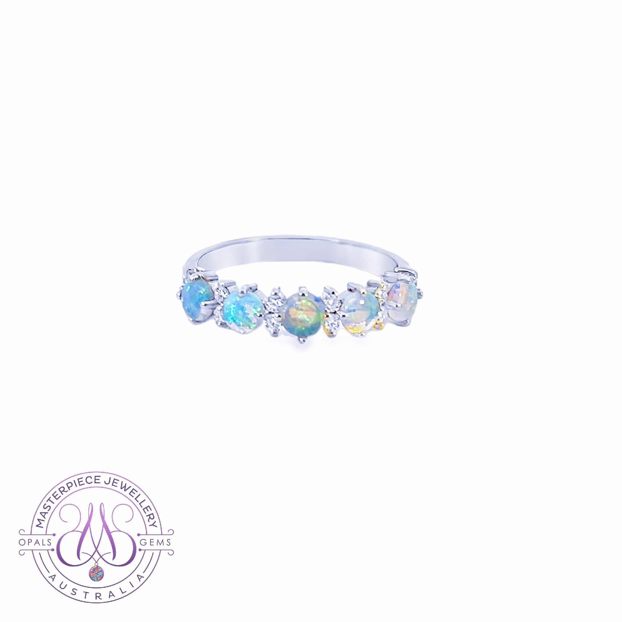 Platinum eternity style Crystal Opal round and diamond ring