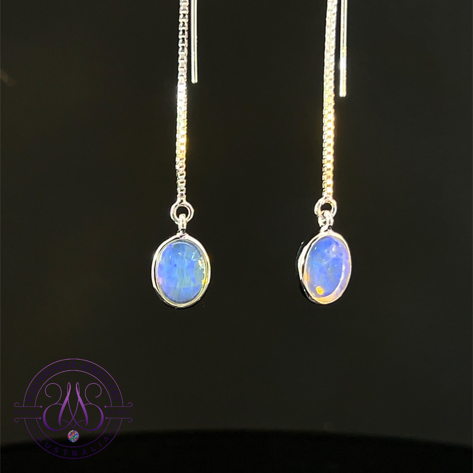 Sterling Silver dangling thread style Crystal Opal earrings