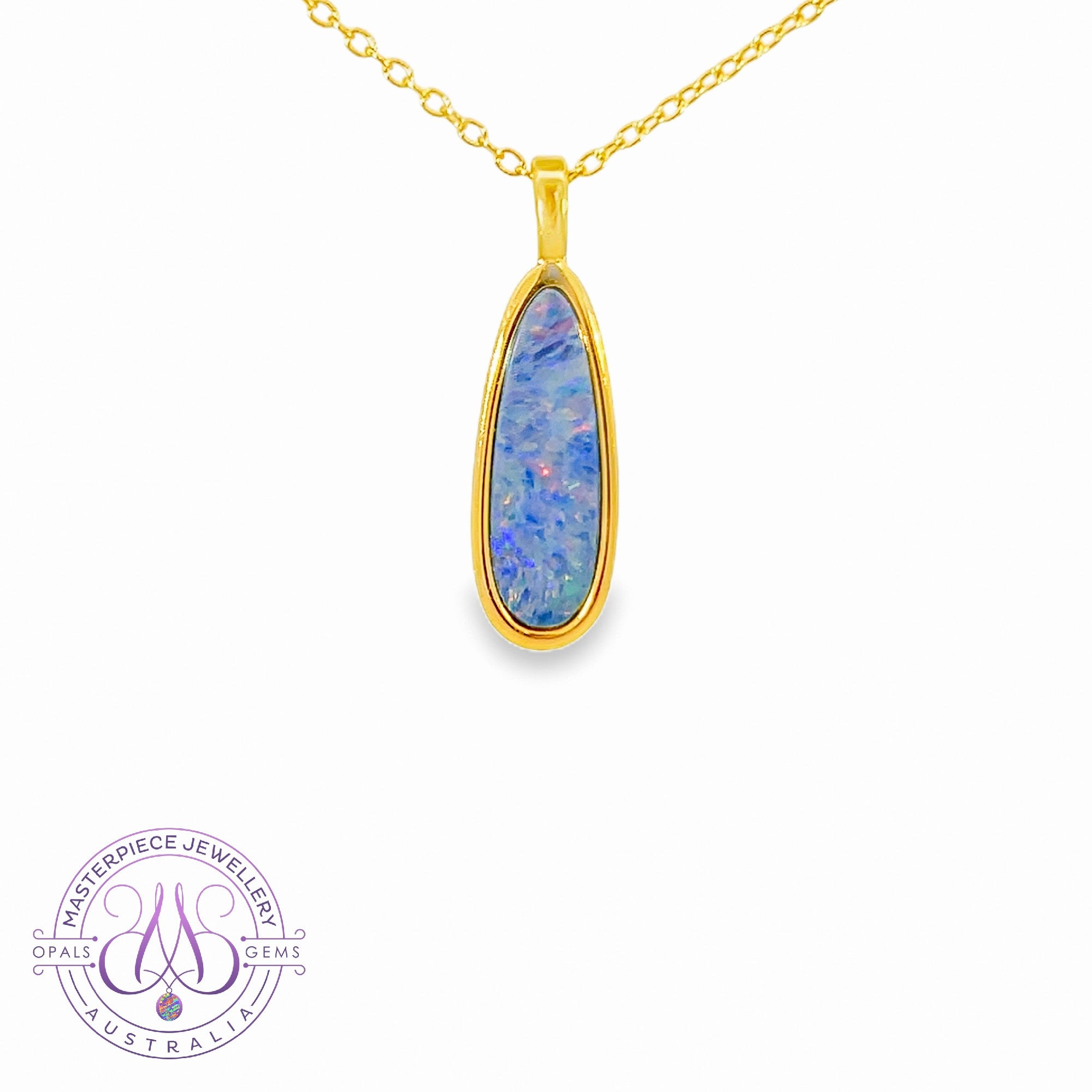 Gold Plated Silver opal doublet 17x6mm long pendant