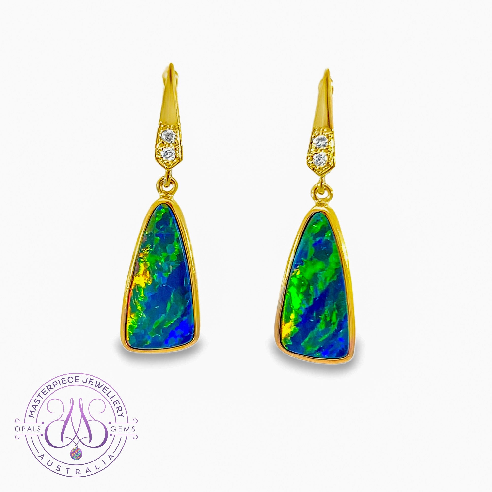 14kt Yellow Gold dangling triangular shape Opal doublet earrings