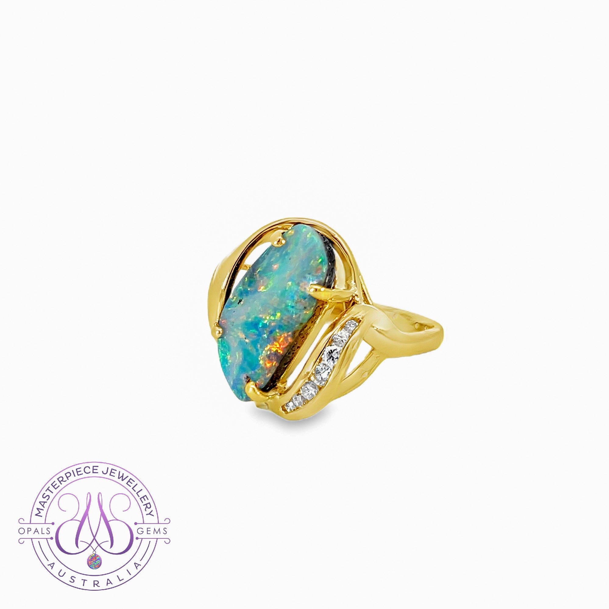 18kt Yellow Gold Boulder Opal 5.7ct and diamond ring
