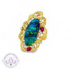 18kt Yellow Gold Boulder Opal 6.53ct, Ruby 0.45ct and diamonds 0.43ct statement ring