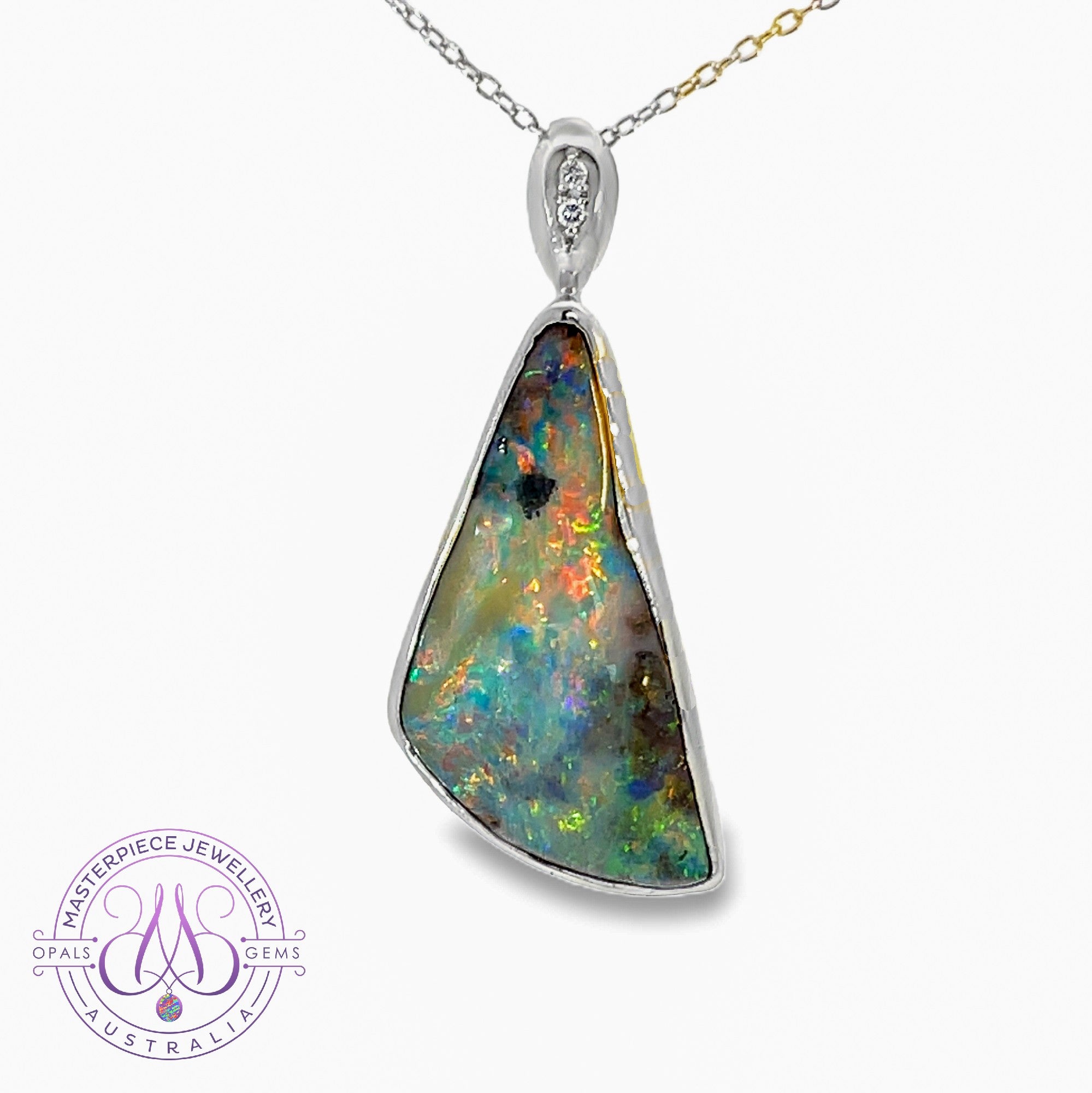 18kt White Gold Boulder Opal 15.16ct and diamond 0.02ct pendant