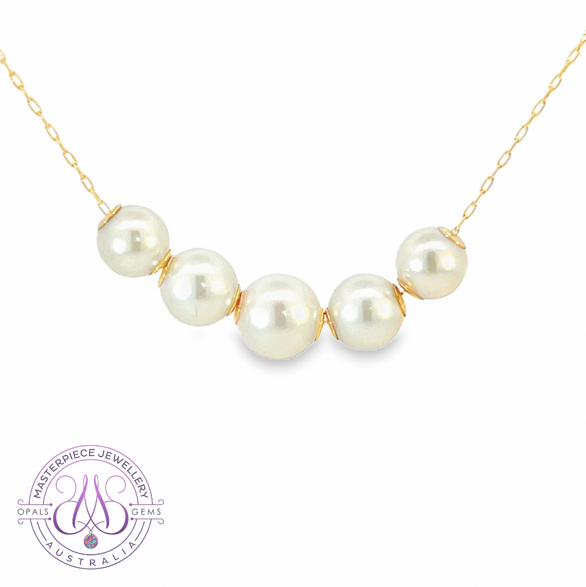 18kt Yellow Gold spacer graduating Akoya Pearl necklace