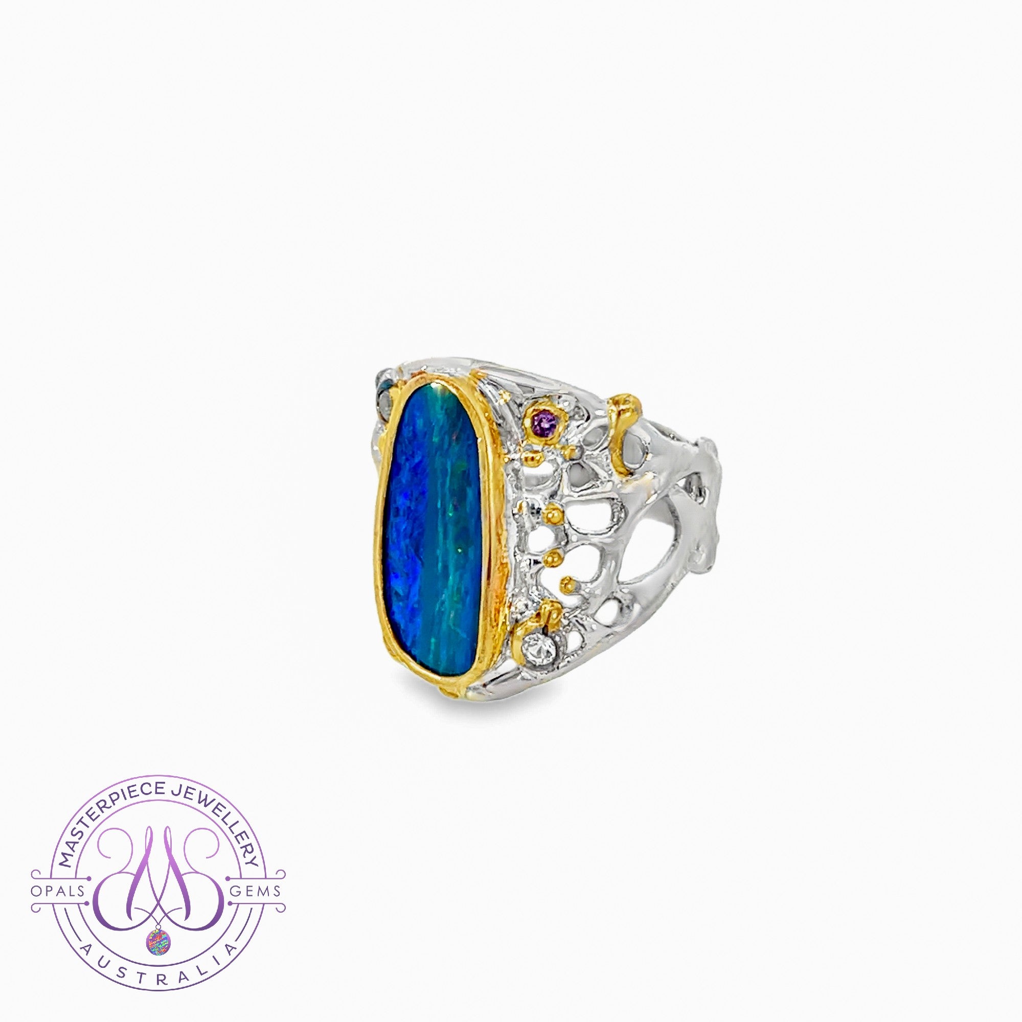 Sterling Silver broad Opal doublet Blue Green reef design ring 