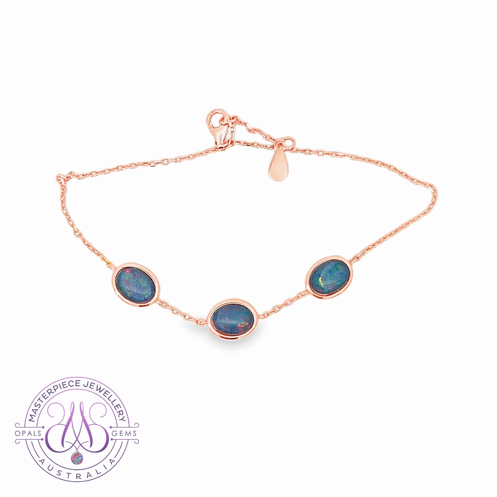 Rose Gold Silver 8x6mm Opal triplet 3 stone bracelet