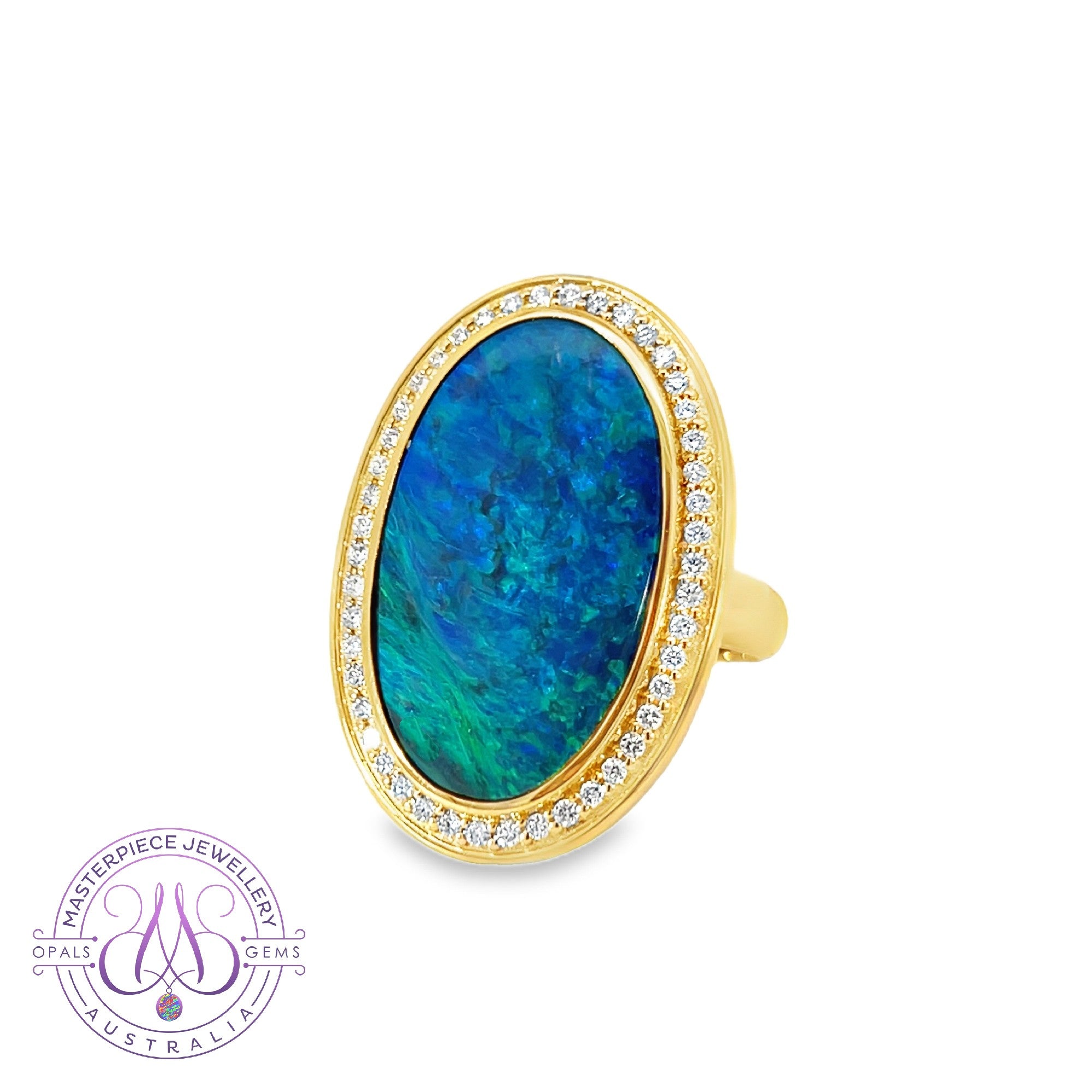 18kt Yellow Gold Cluster Halo design Black Opal 7.3ct diamond ring