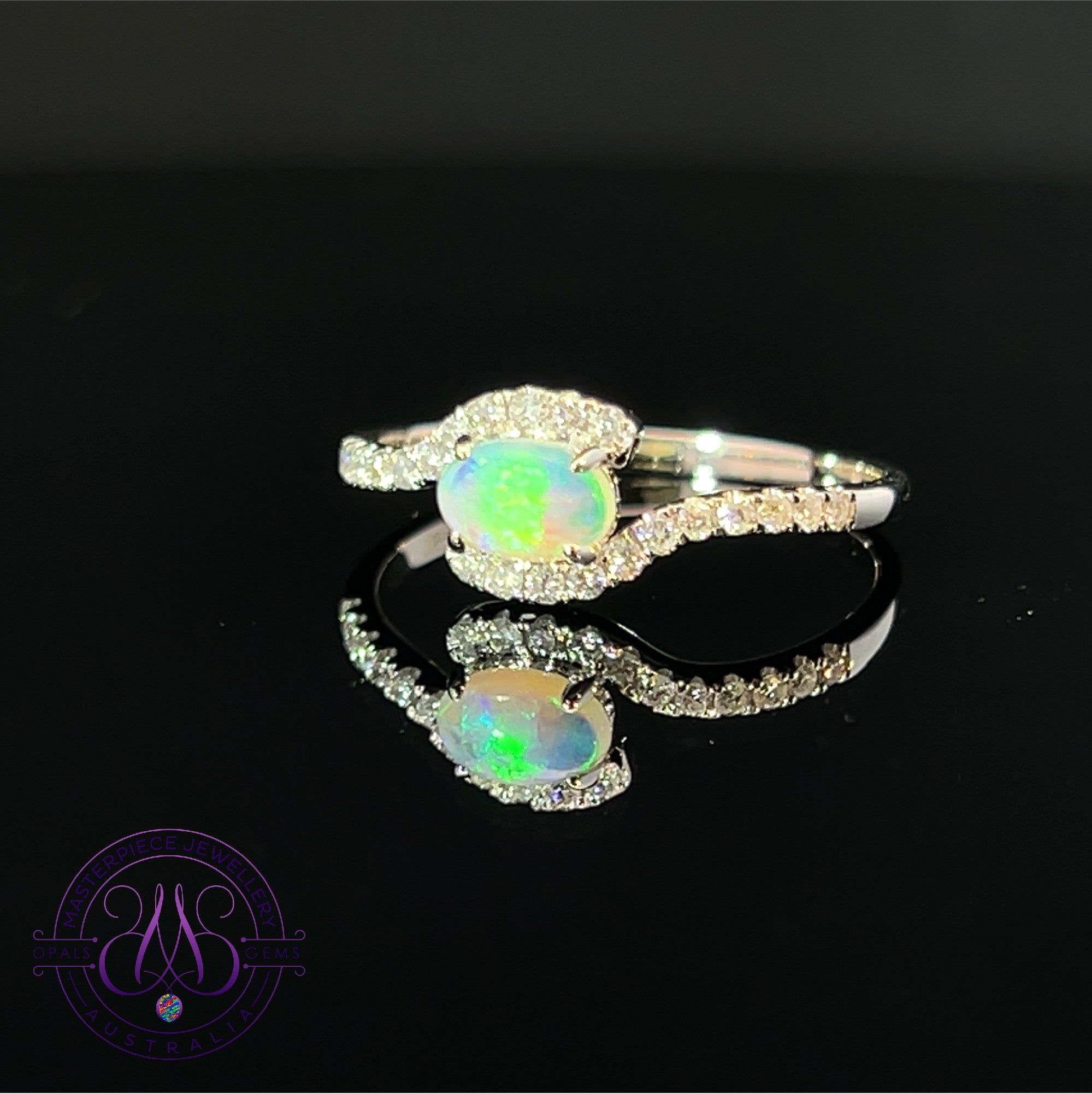 18kt White Gold cross over Crystal Opal 0.15 diamond ring