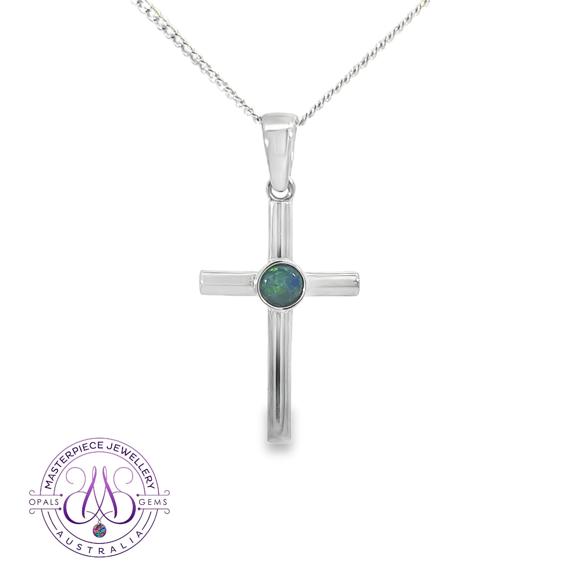 Sterling Silver cross design round Opal 4mm triplet pendant