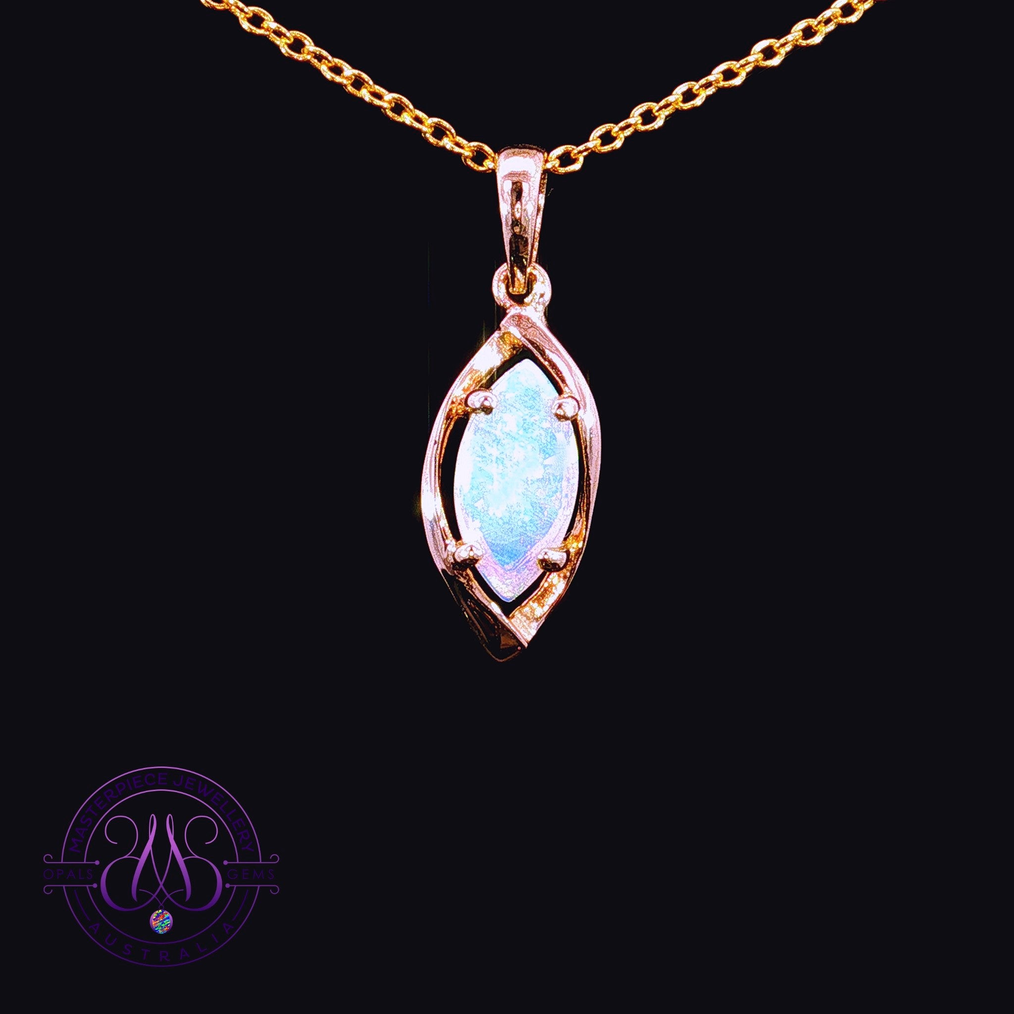 9kt yellow gold marquise pendant set with a 0.5ct crystal opal