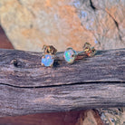 Round crystal opal stud earrings in 9kt yellow gold resting on driftwood