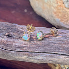 Pair of 9kt gold crystal opal stud earrings with butterfly backs on driftwood