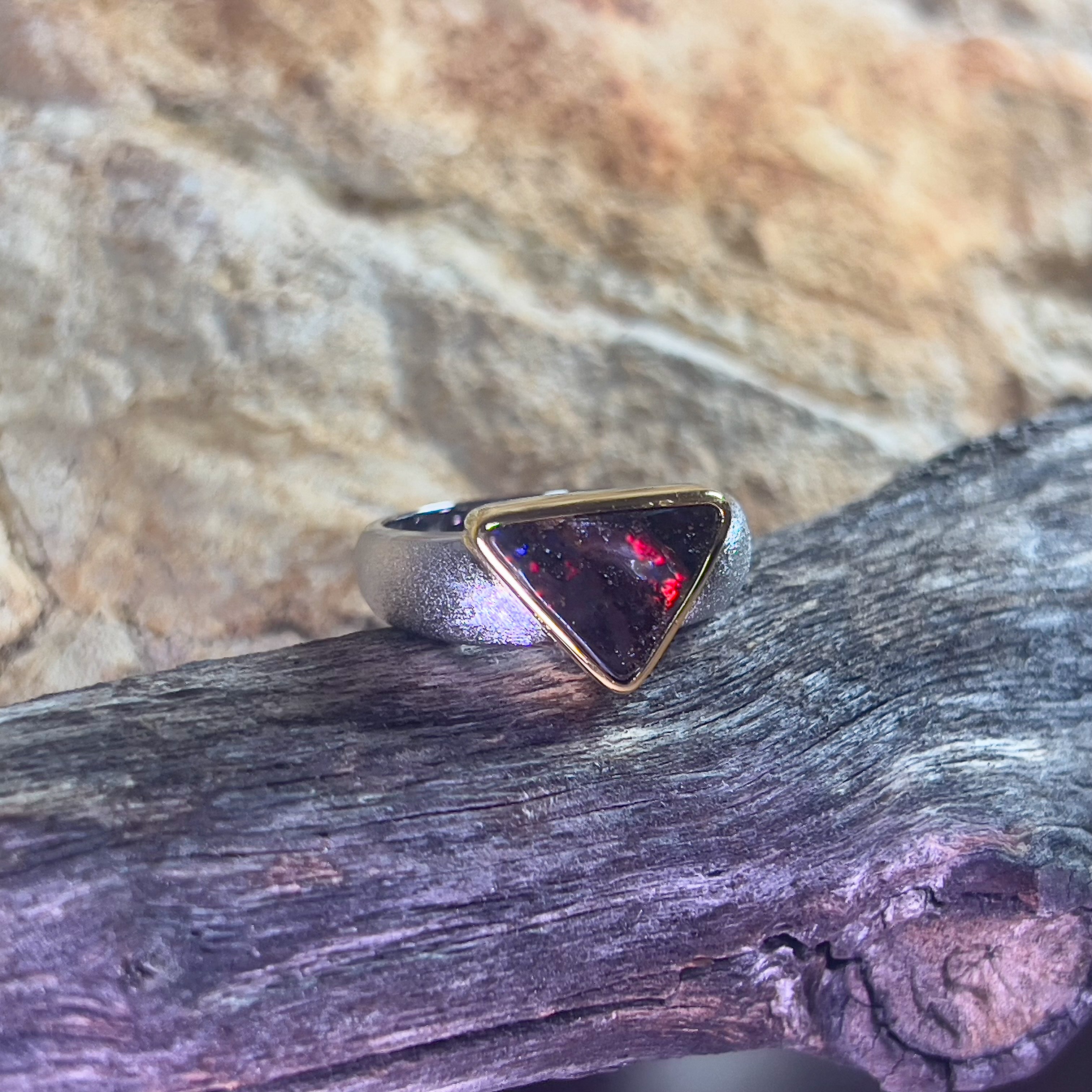 Sterling Silver matte and gold plated Boulder Opal 2.8ct ring - Masterpiece Jewellery Opal & Gems Sydney Australia | Online Shop