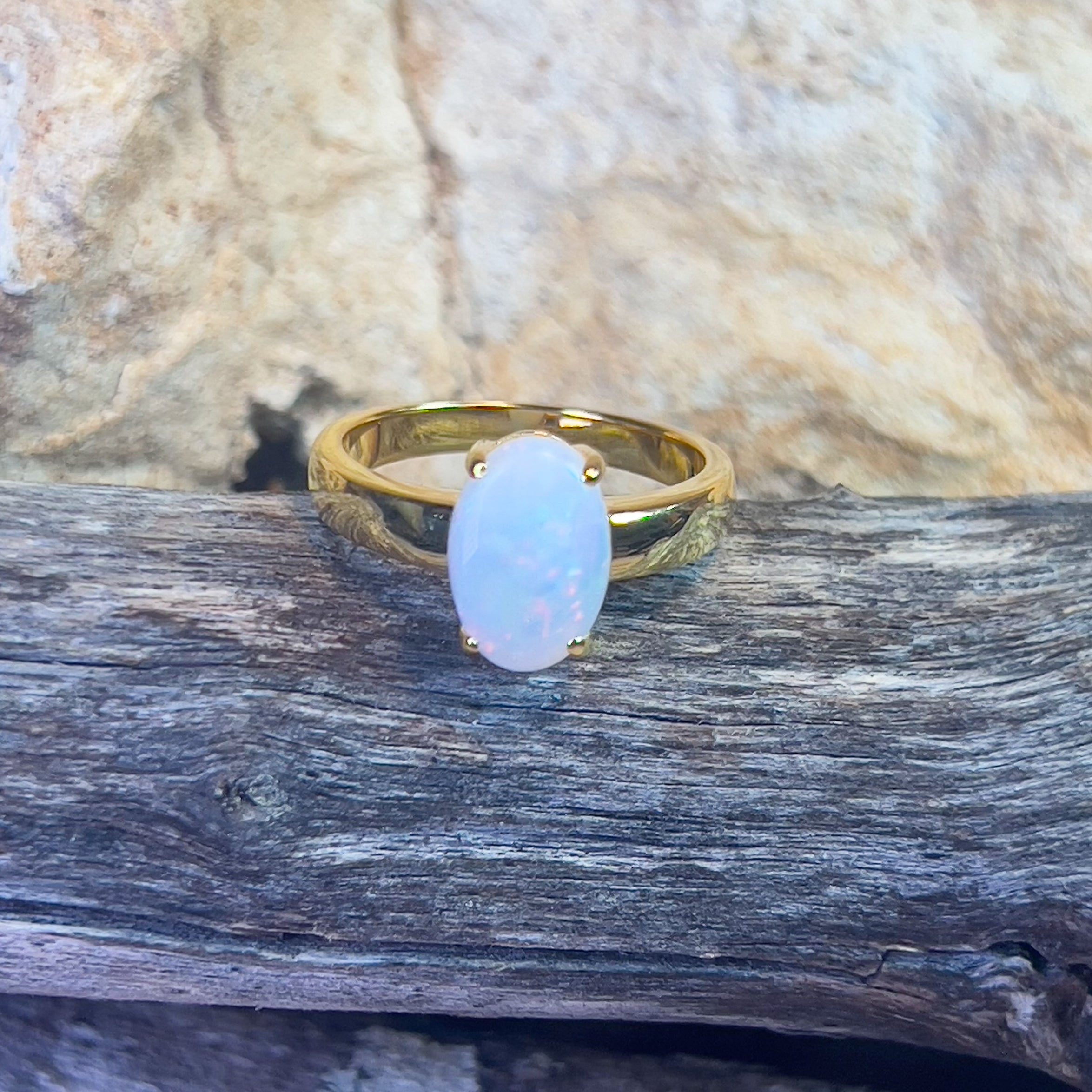 Gold plated sterling silver solitaire White Opal 1.5ct ring - Masterpiece Jewellery Opal & Gems Sydney Australia | Online Shop