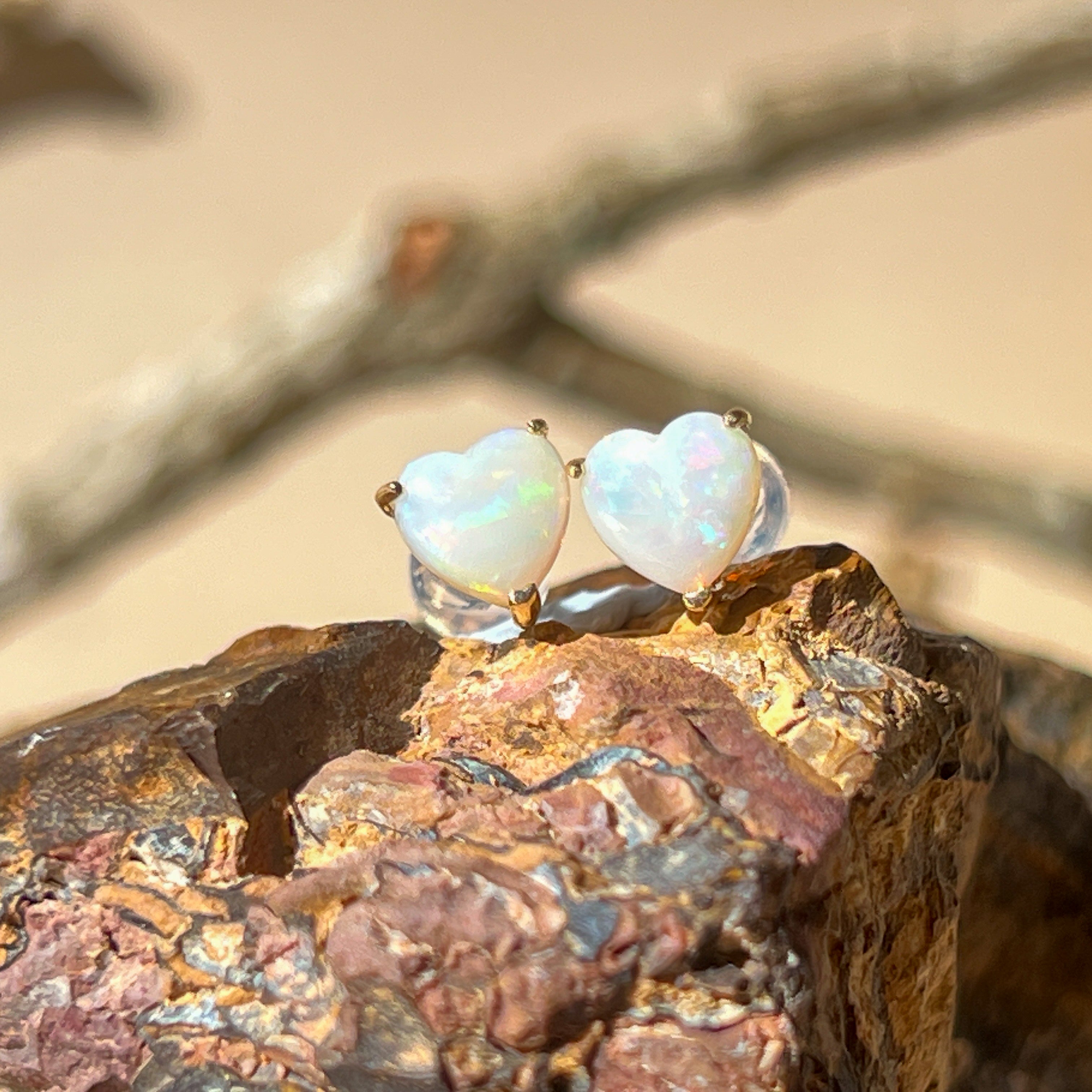 9KT Yellow Gold Heart Opal Stud Earrings, 6mm, Handmade Dainty Gift for Her, Birthstone Jewelry