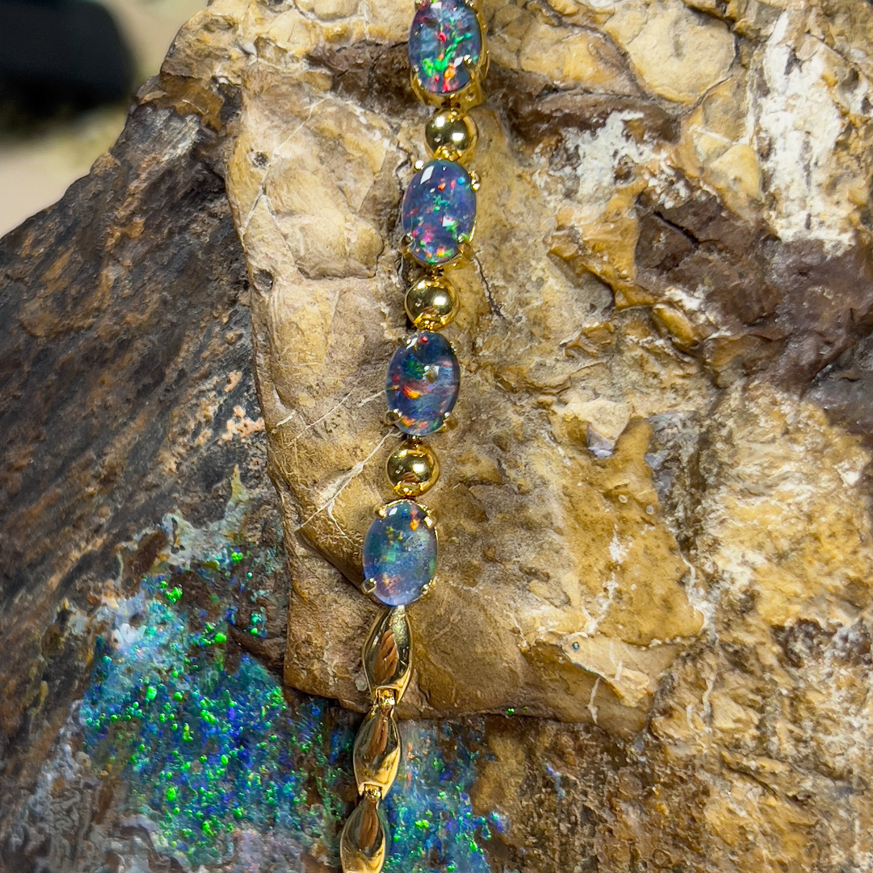 Gold Plated Silver 7x5mm Opal triplet and ball bracelet design - Masterpiece Jewellery Opal & Gems Sydney Australia | Online Shop