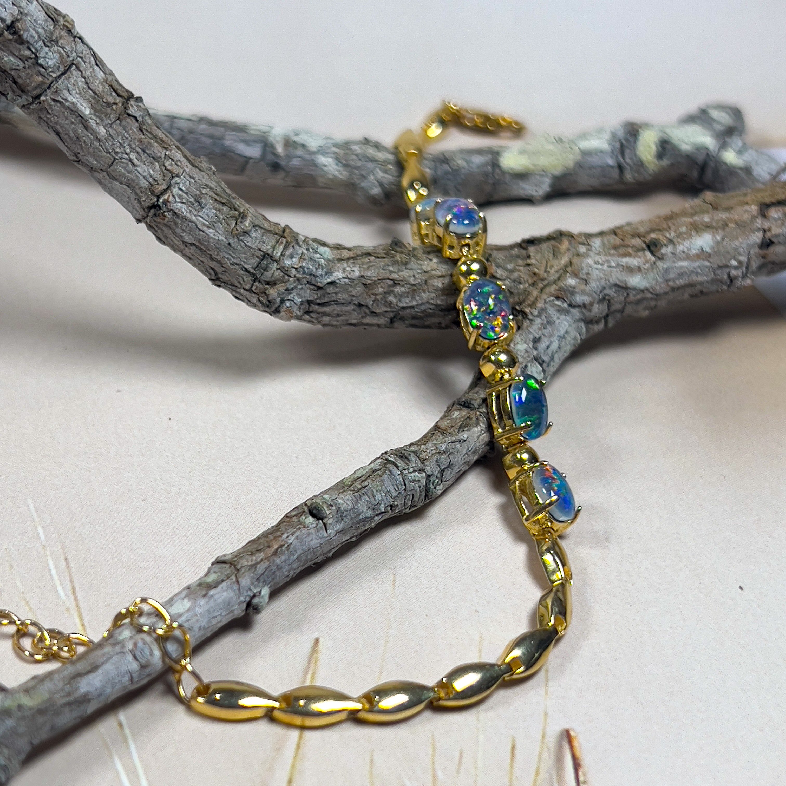 Gold Plated Silver 7x5mm Opal triplet and ball bracelet design - Masterpiece Jewellery Opal & Gems Sydney Australia | Online Shop