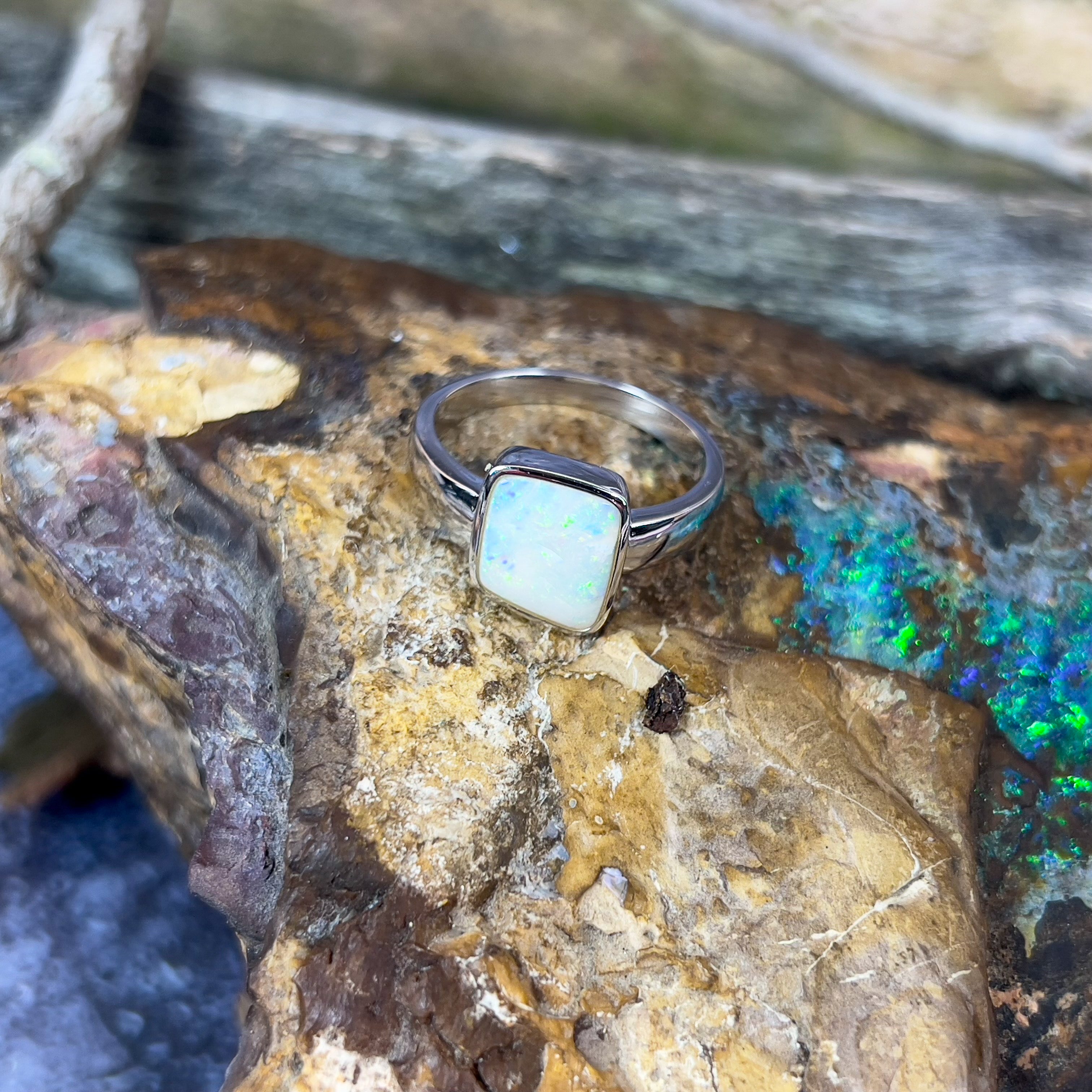 Sterling Silver square freeform White Opal 1.9ct ring - Masterpiece Jewellery Opal & Gems Sydney Australia | Online Shop
