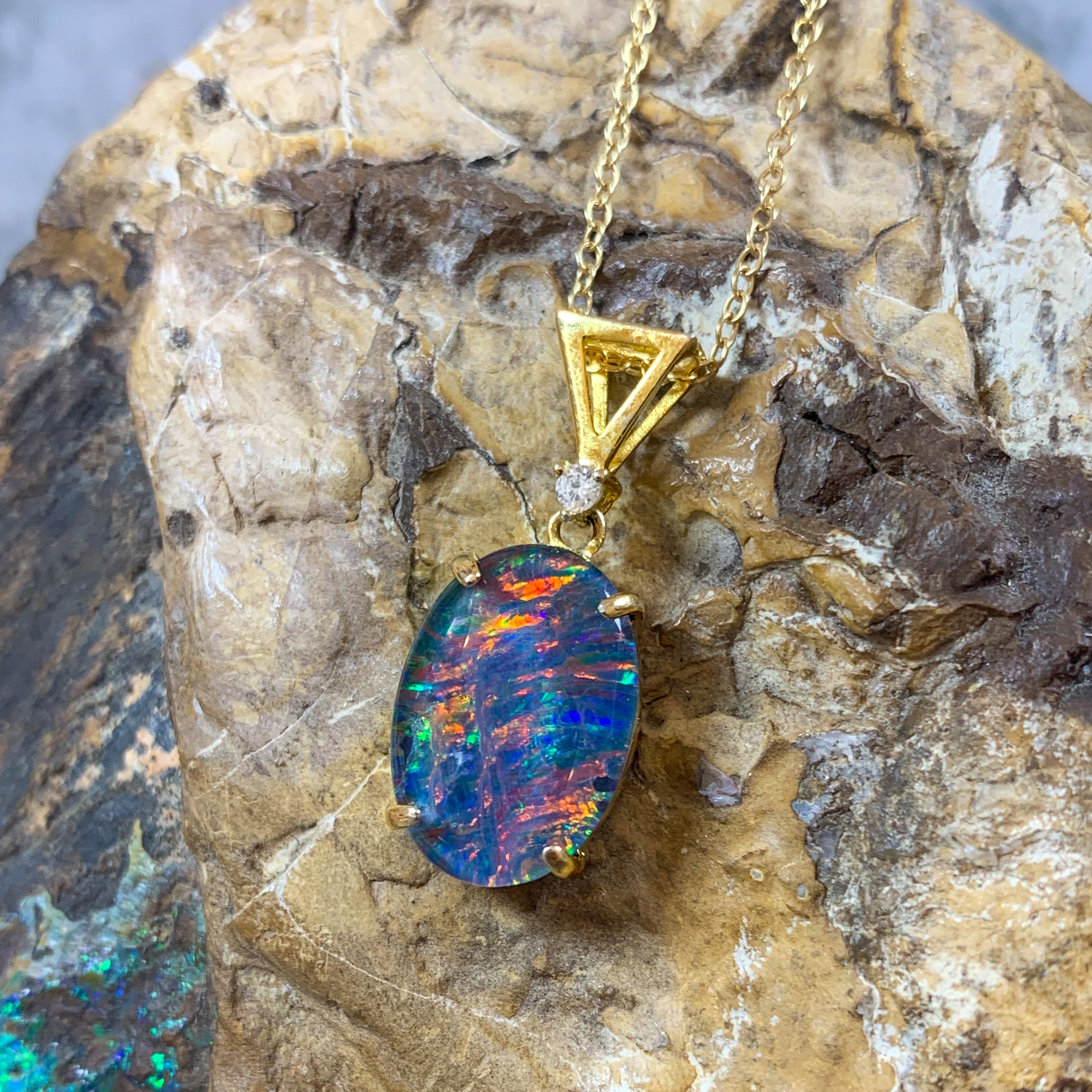 Sterling Silver Gold plated 14x10mm Opal triplet triangle loop pendant - Masterpiece Jewellery Opal & Gems Sydney Australia | Online Shop