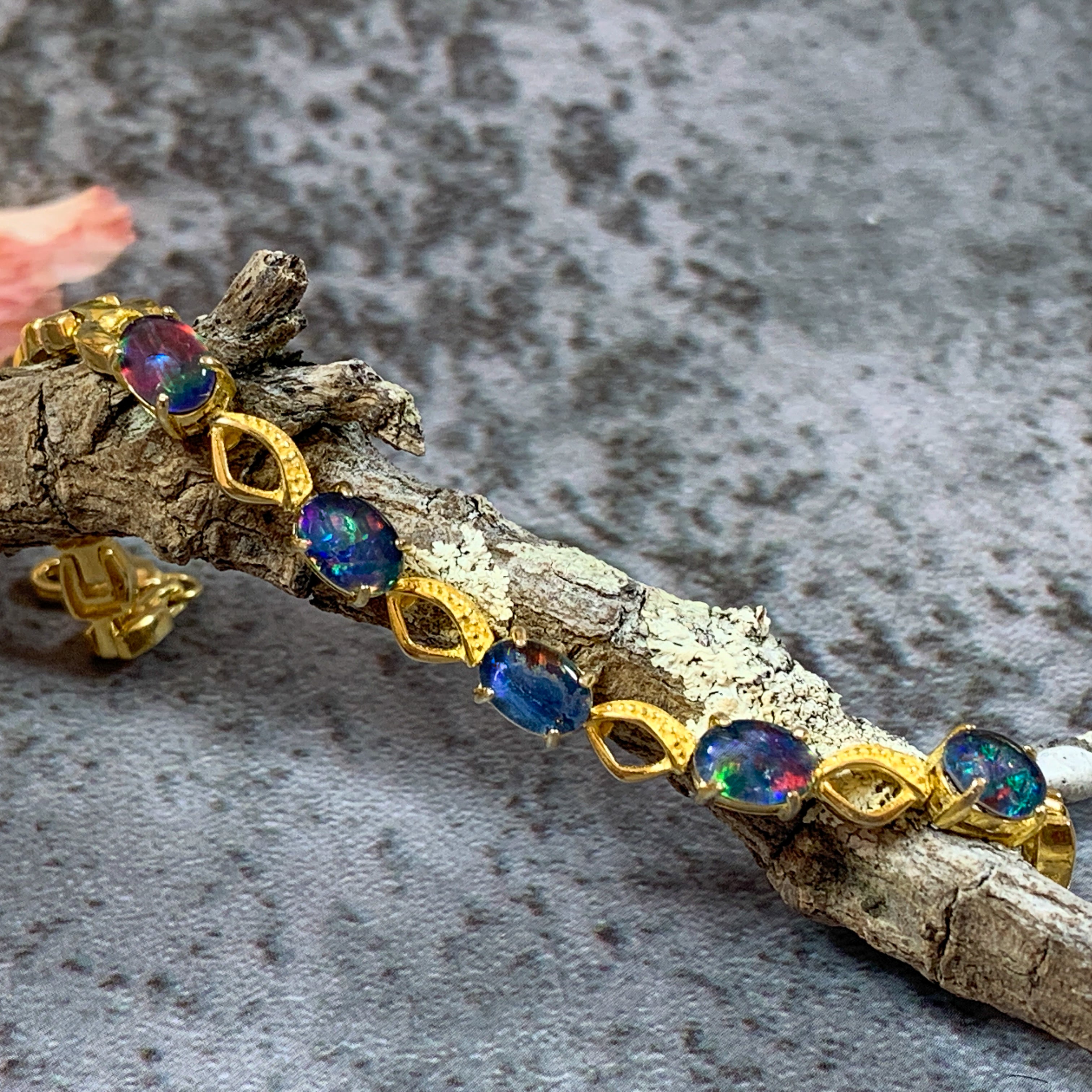 Gold plated sterling Silver 7x5mm Opal triplet bracelet patterned - Masterpiece Jewellery Opal & Gems Sydney Australia | Online Shop