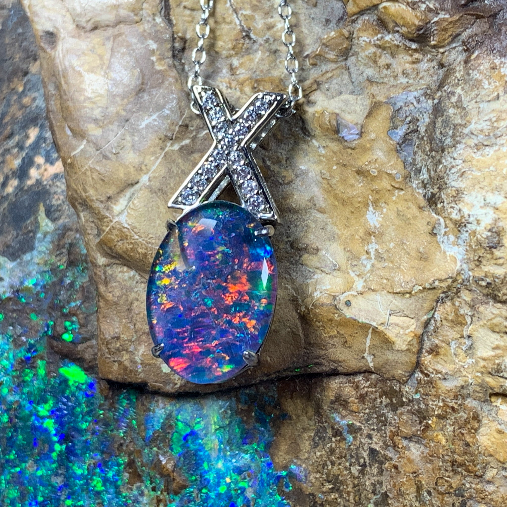 Sterling Silver Opal necklace Triplet 14x10mm cross loop - Masterpiece Jewellery Opal & Gems Sydney Australia | Online Shop