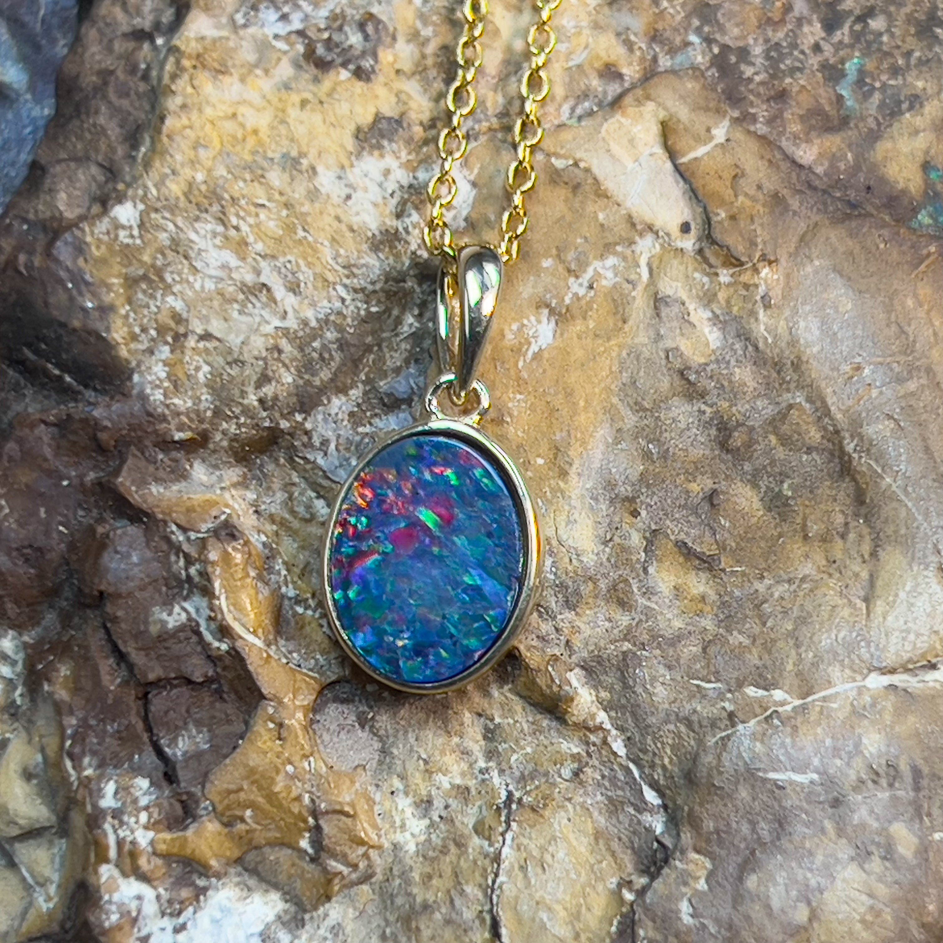 9kt Yellow Gold 9x7mm Opal doublet bezel set pendant - Masterpiece Jewellery Opal & Gems Sydney Australia | Online Shop