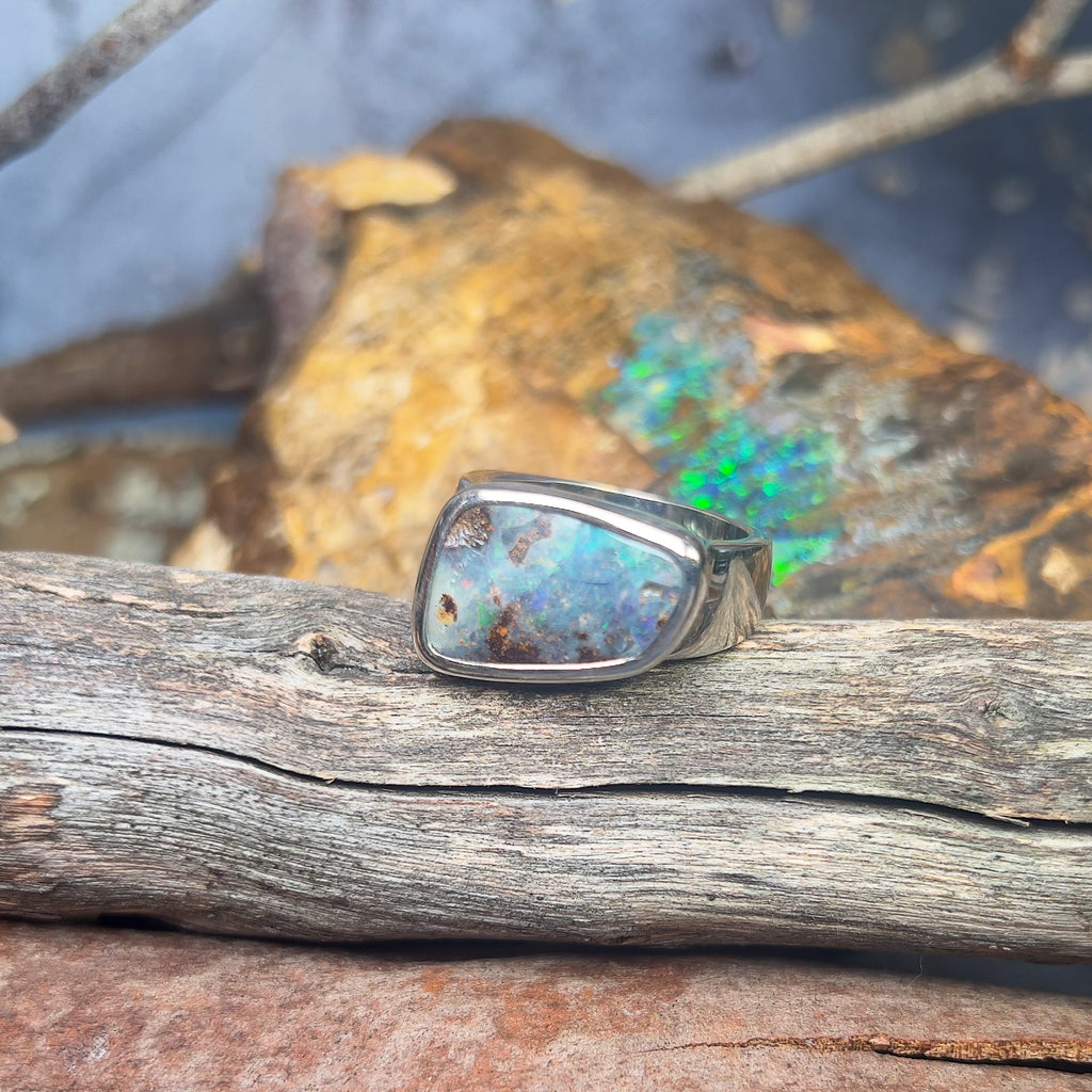 Sterling Silver Freeform Boulder Opal Green dark Blue bezel set mens ring - Masterpiece Jewellery Opal & Gems Sydney Australia | Online Shop