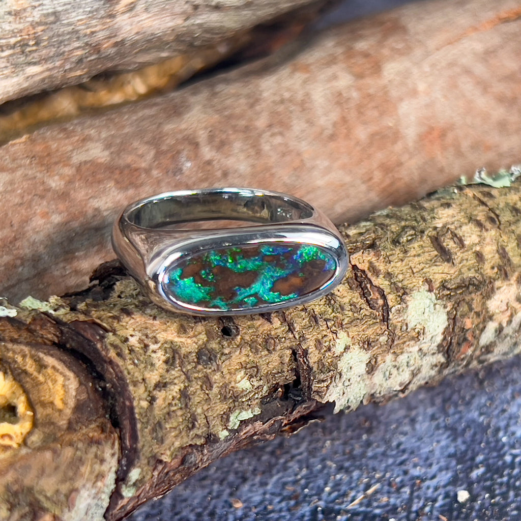 Sterling Silver gents Boulder Opal ring horizontal shape - Masterpiece Jewellery Opal & Gems Sydney Australia | Online Shop