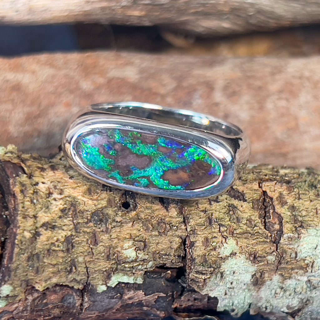 Sterling Silver gents Boulder Opal ring horizontal shape - Masterpiece Jewellery Opal & Gems Sydney Australia | Online Shop