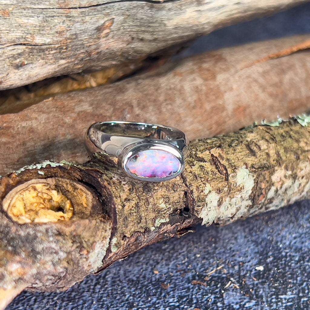 Sterling Silver Boulder Opal Red horizontal set ring - Masterpiece Jewellery Opal & Gems Sydney Australia | Online Shop