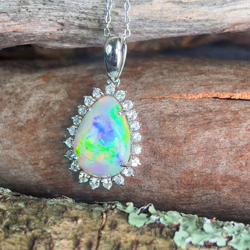 14kt White Gold pear shape pendant with Black Opal 5.62ct and White Sapphire 0.5ct - Masterpiece Jewellery Opal & Gems Sydney Australia | Online Shop