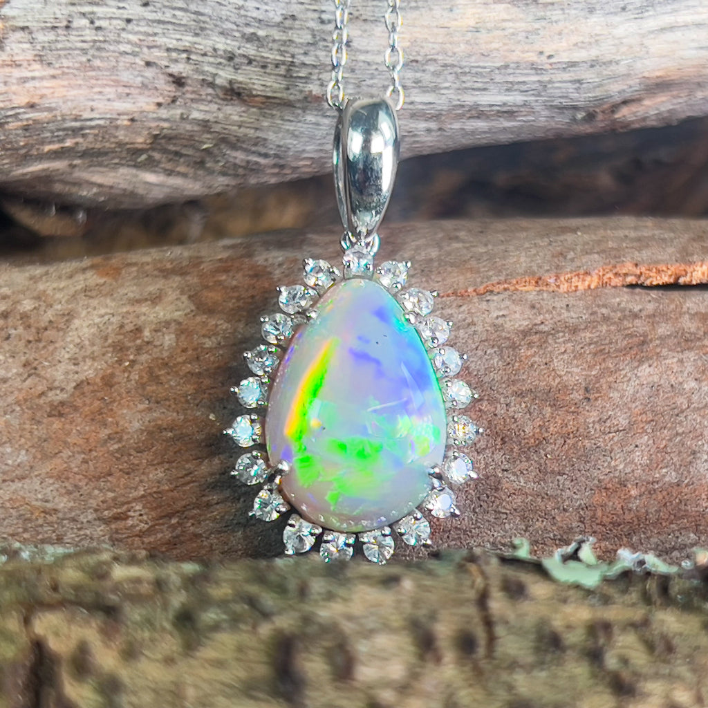 14kt White Gold pear shape pendant with Black Opal 5.62ct and White Sapphire 0.5ct - Masterpiece Jewellery Opal & Gems Sydney Australia | Online Shop