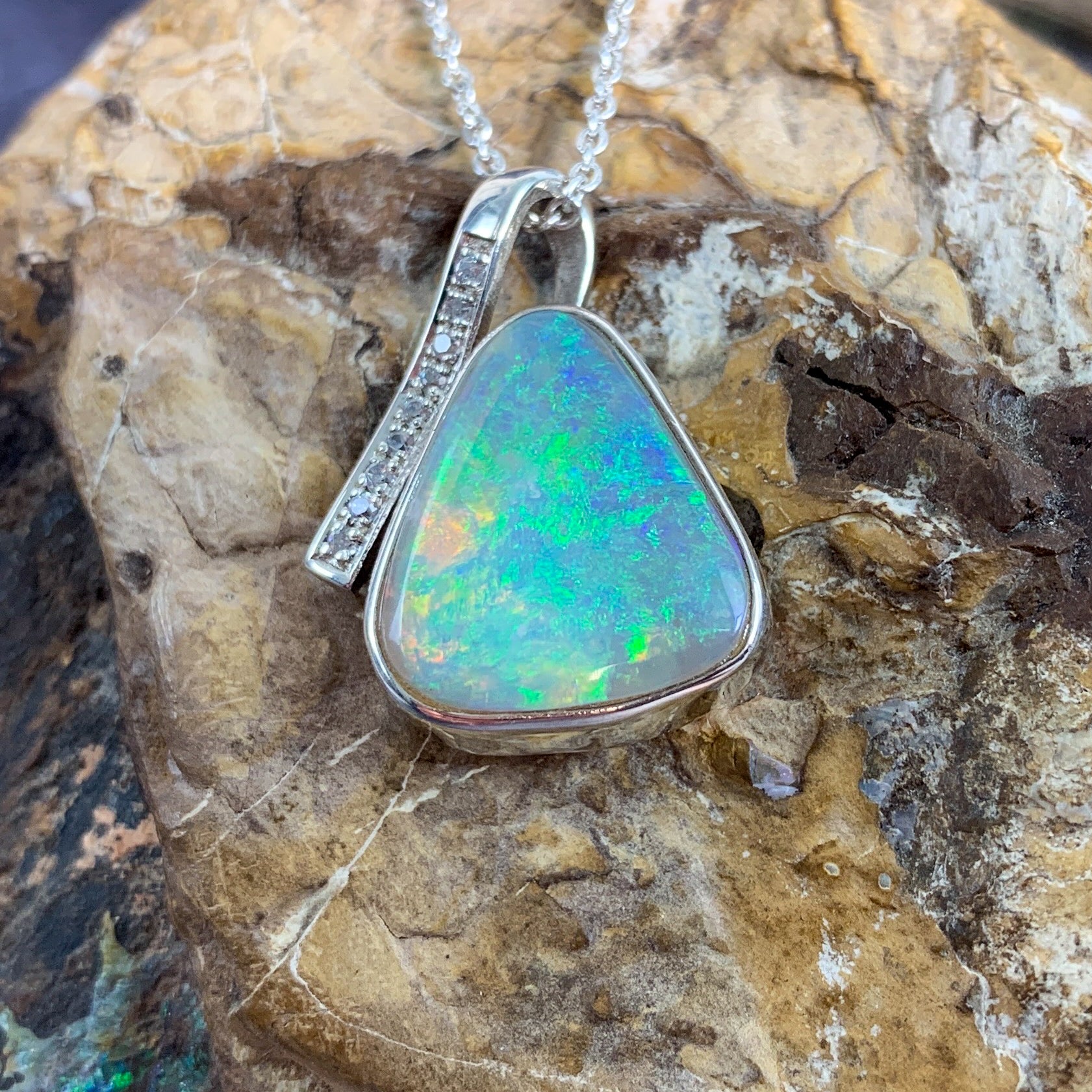 Sterling Silver Crystal Opal pendant with cubic zirconias triangular shape - Masterpiece Jewellery Opal & Gems Sydney Australia | Online Shop