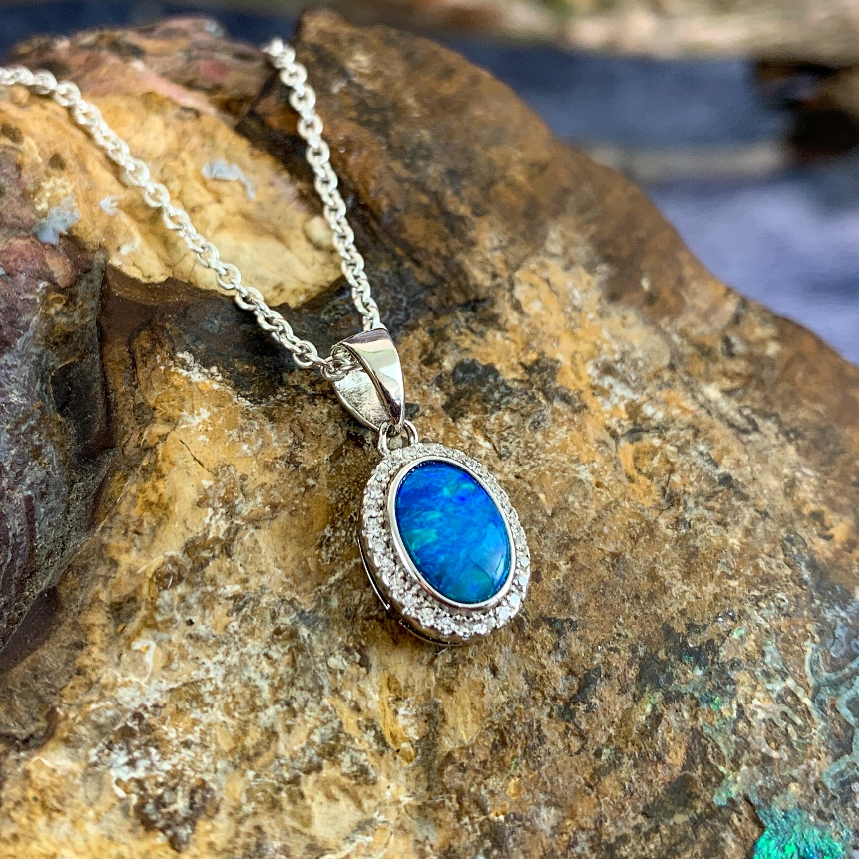 Sterling Silver Oval Halo Opal pendant - Masterpiece Jewellery Opal & Gems Sydney Australia | Online Shop