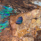 1.5ct Australian opal doublet resting on ironstone, red and gold flecks across a dark body