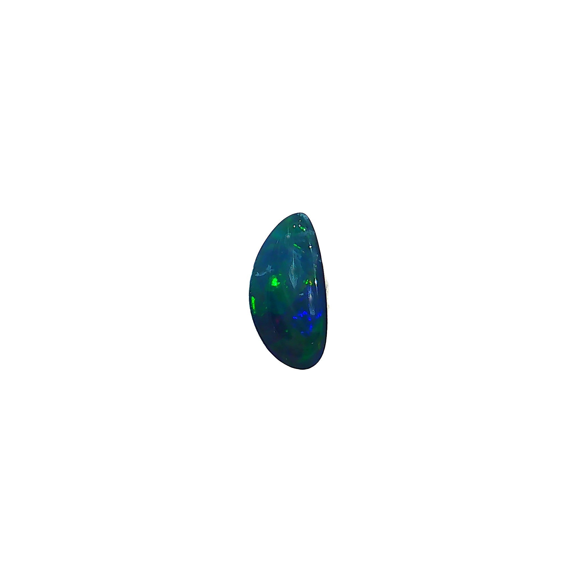 Australian opal doublet 0.88ct elongated freeform, green over deep blue, on a white background