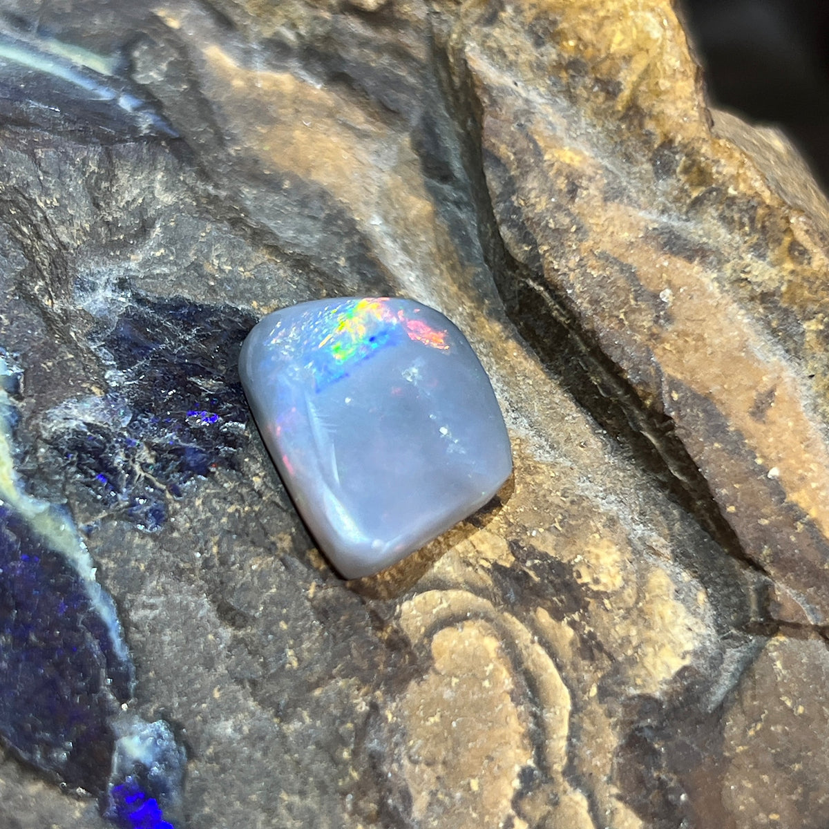 Australian black opal 6.30ct freeform cabochon, 18.3x14.4mm, red, orange and green with a blue zone, loose and unset, on rock
