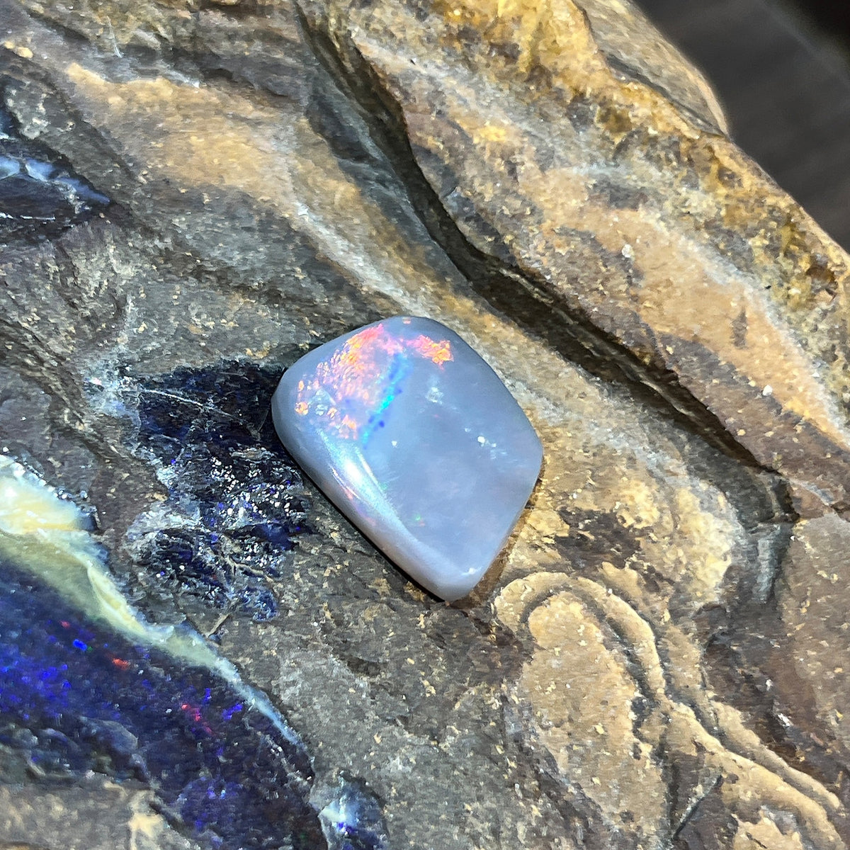 Loose solid black opal 6.30ct, freeform, red, orange, green and blue, ready for a custom setting, on rock