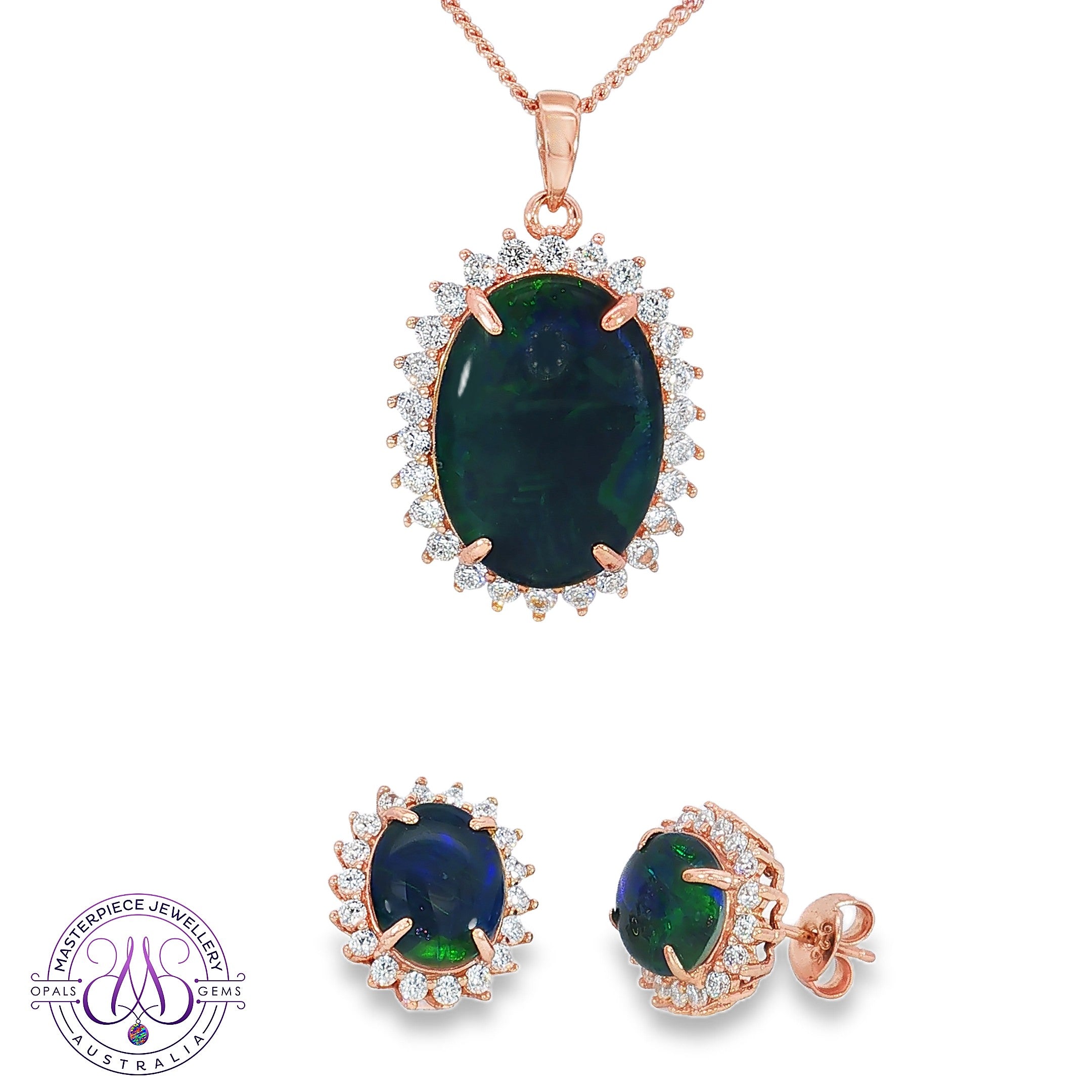 Rose gold-plated silver opal triplet halo pendant and earring set with 18x13mm oval opal