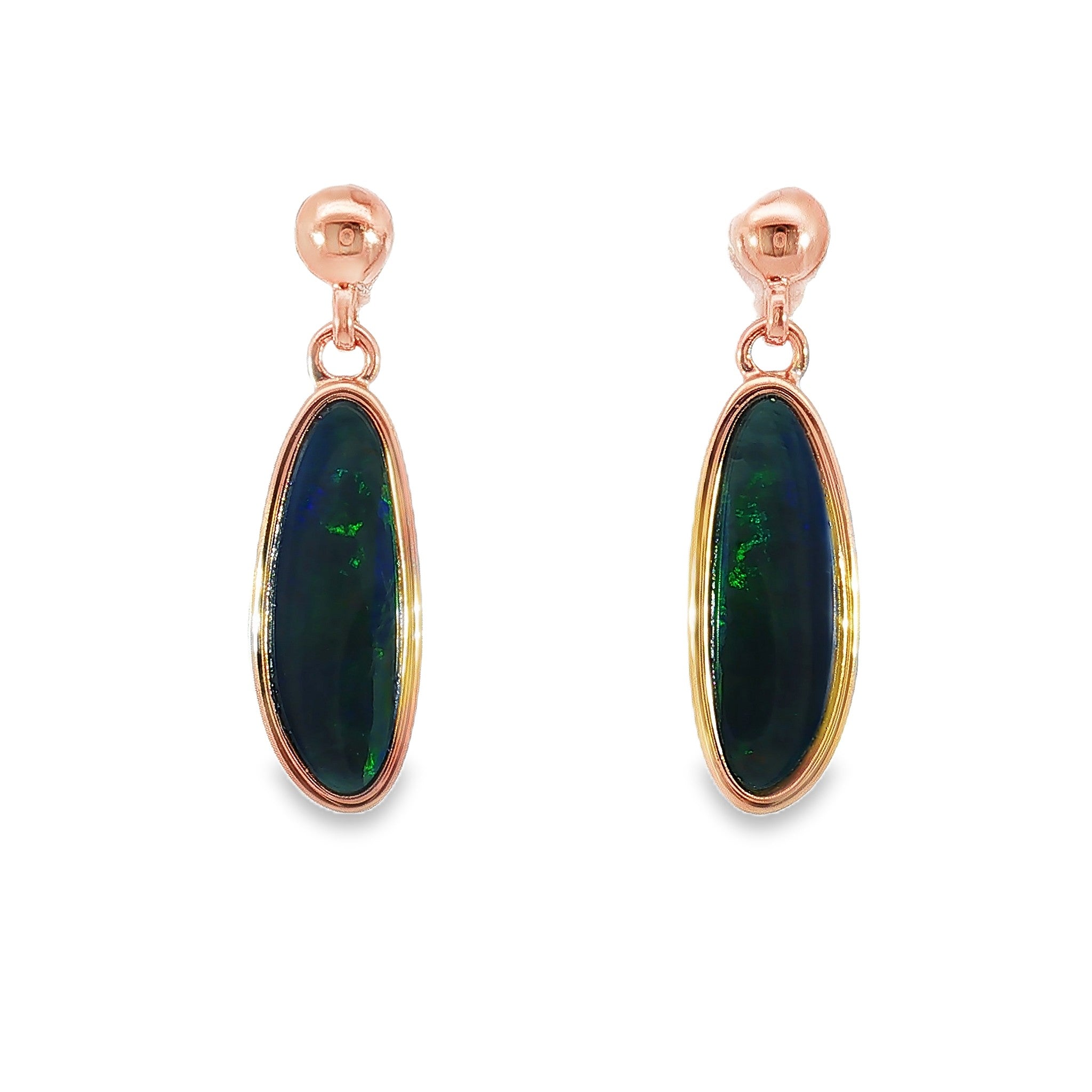 16 x 6mm freeform Australian opal doublet earrings in rose gold-plated silver
