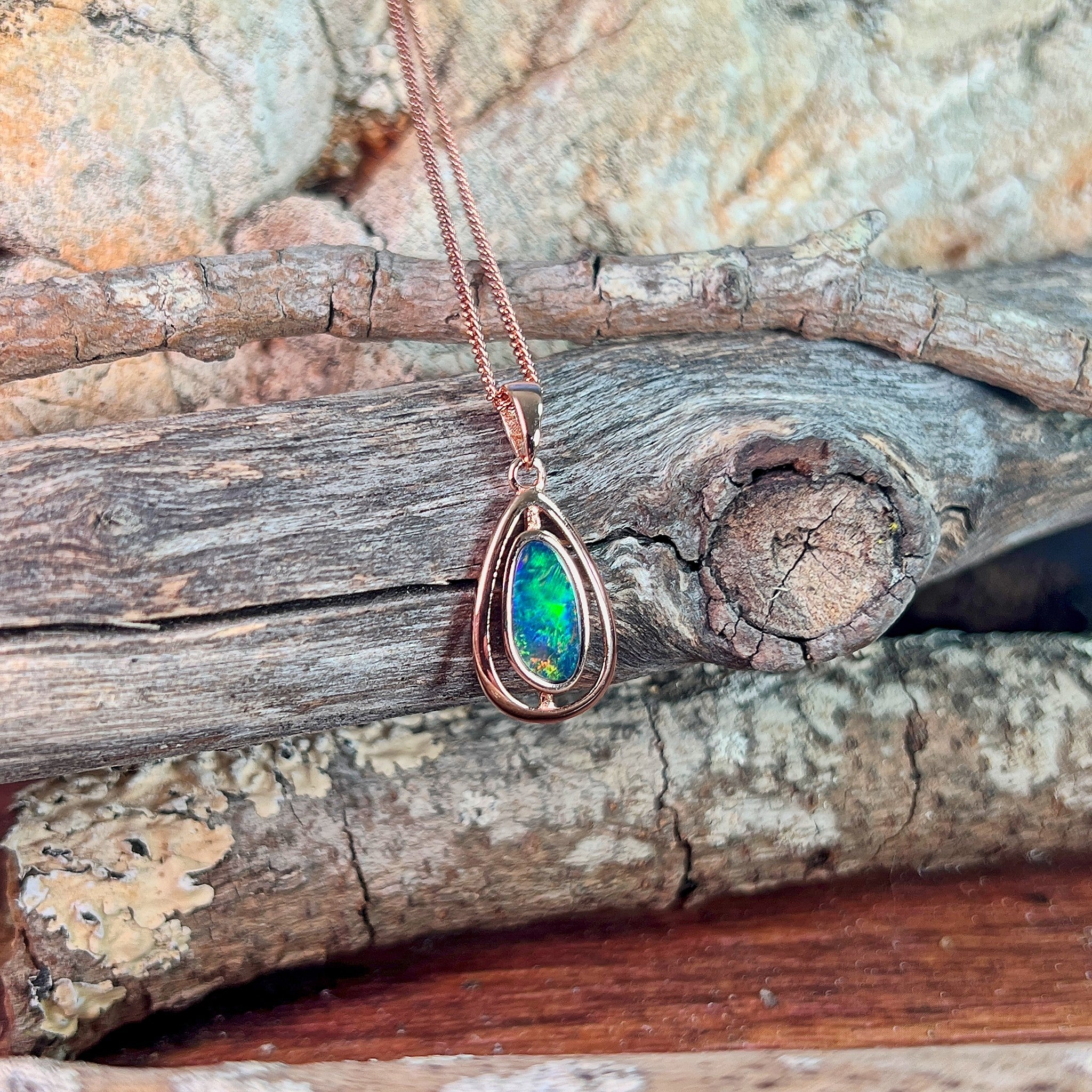 rose gold-plated silver Australian opal doublet pendant with a 12 x 6mm freeform stone