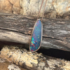 27 x 8mm Australian opal doublet pendant in rose gold-plated silver, red, blue, yellow and green