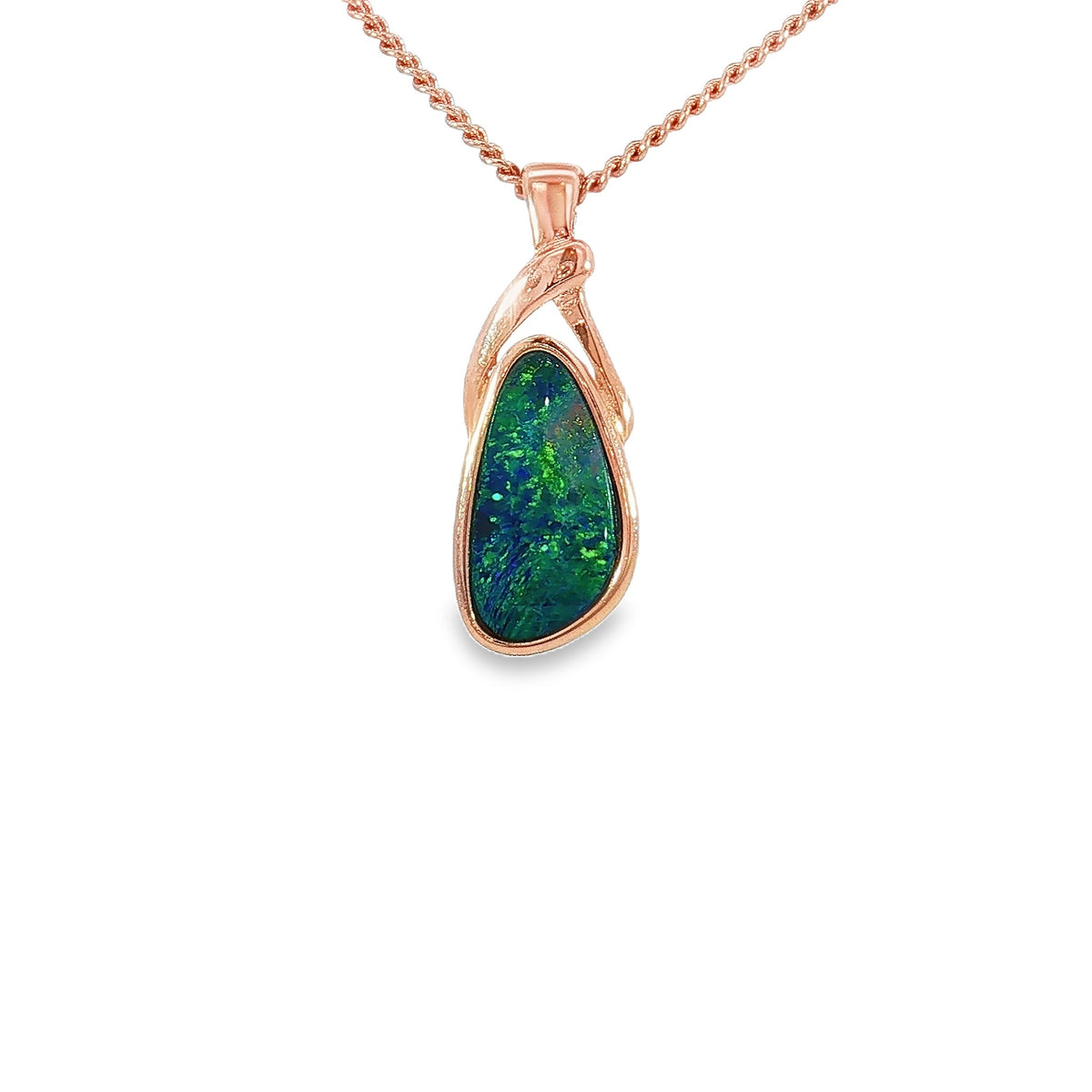 12 x 6.5mm freeform Australian opal doublet pendant in rose gold-plated silver, green, red and blue