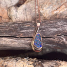 freeform Australian opal doublet pendant in rose gold-plated silver, green, orange and violet play-of-colour