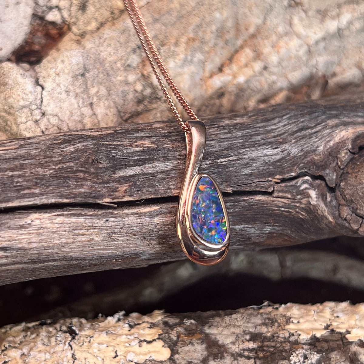 rose gold-plated silver Australian opal doublet pendant with a 12 x 6.5mm freeform stone