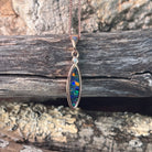 Australian opal doublet pendant, rose gold-plated silver, 15 x 5mm stone showing red, blue, green and violet