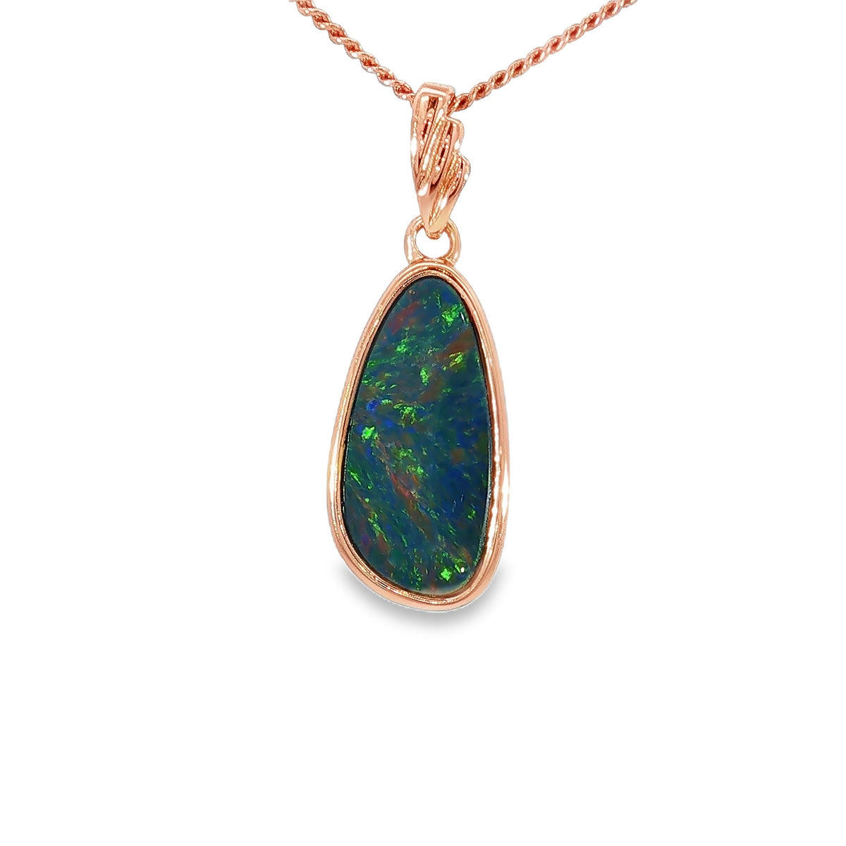 15 x 7.5mm marquise Australian opal doublet pendant in rose gold-plated silver, red, blue, green and violet