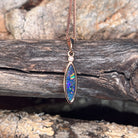 marquise Australian opal doublet pendant in rose gold-plated silver, green, red, blue and yellow play-of-colour