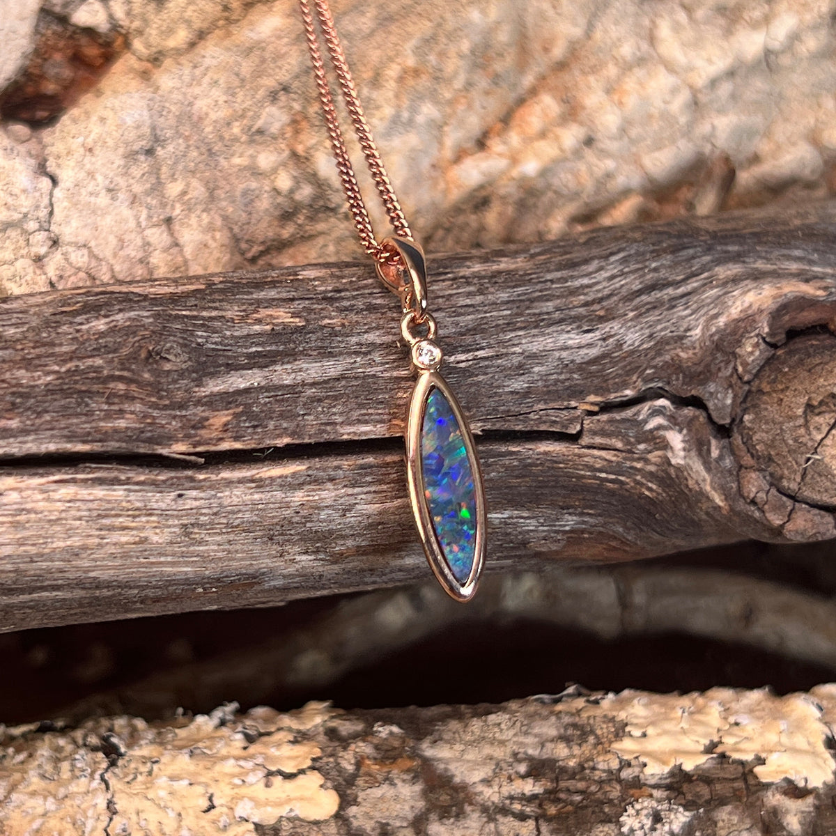 rose gold-plated silver Australian opal doublet pendant with a 16 x 5mm marquise stone