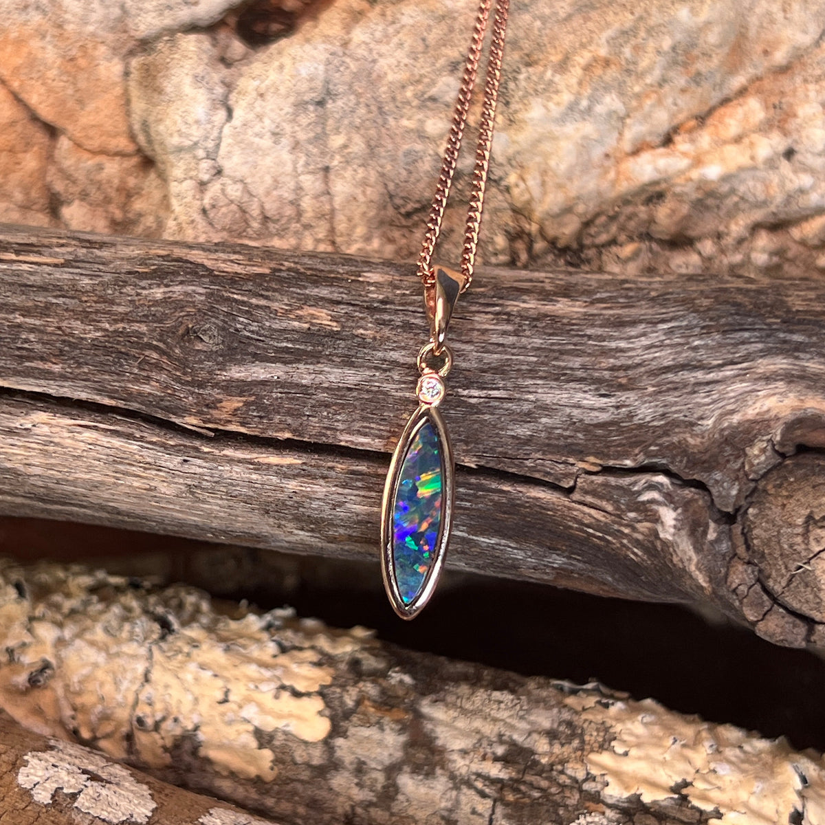 16 x 5mm Australian opal doublet pendant in rose gold-plated silver, green, red, blue and yellow
